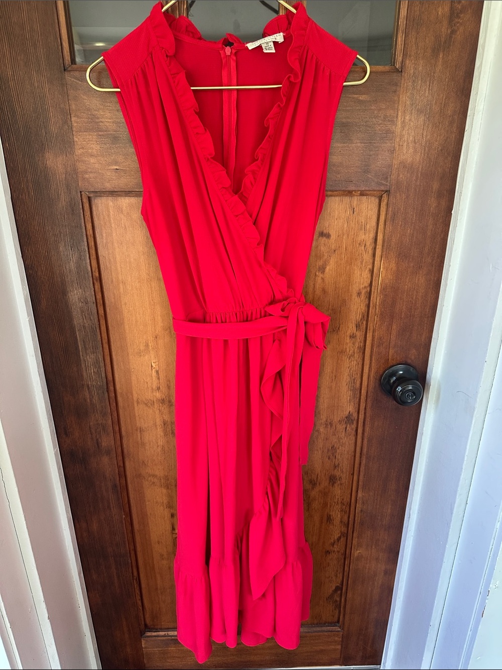 London Style Collection Red Ruffle Faux Wrap Midi Dress Size 10